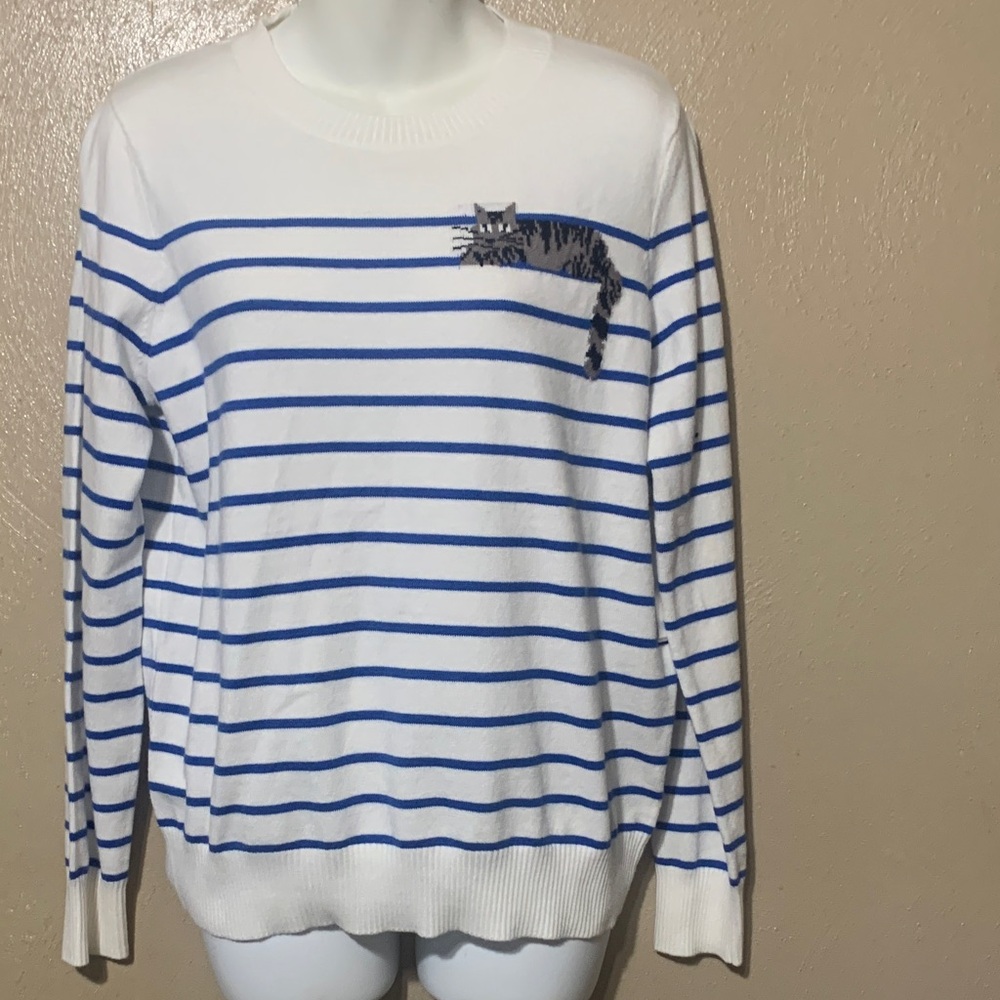 Anthropologie L Calligraphie White Sweater Blue Stripes and Cat Design NWT